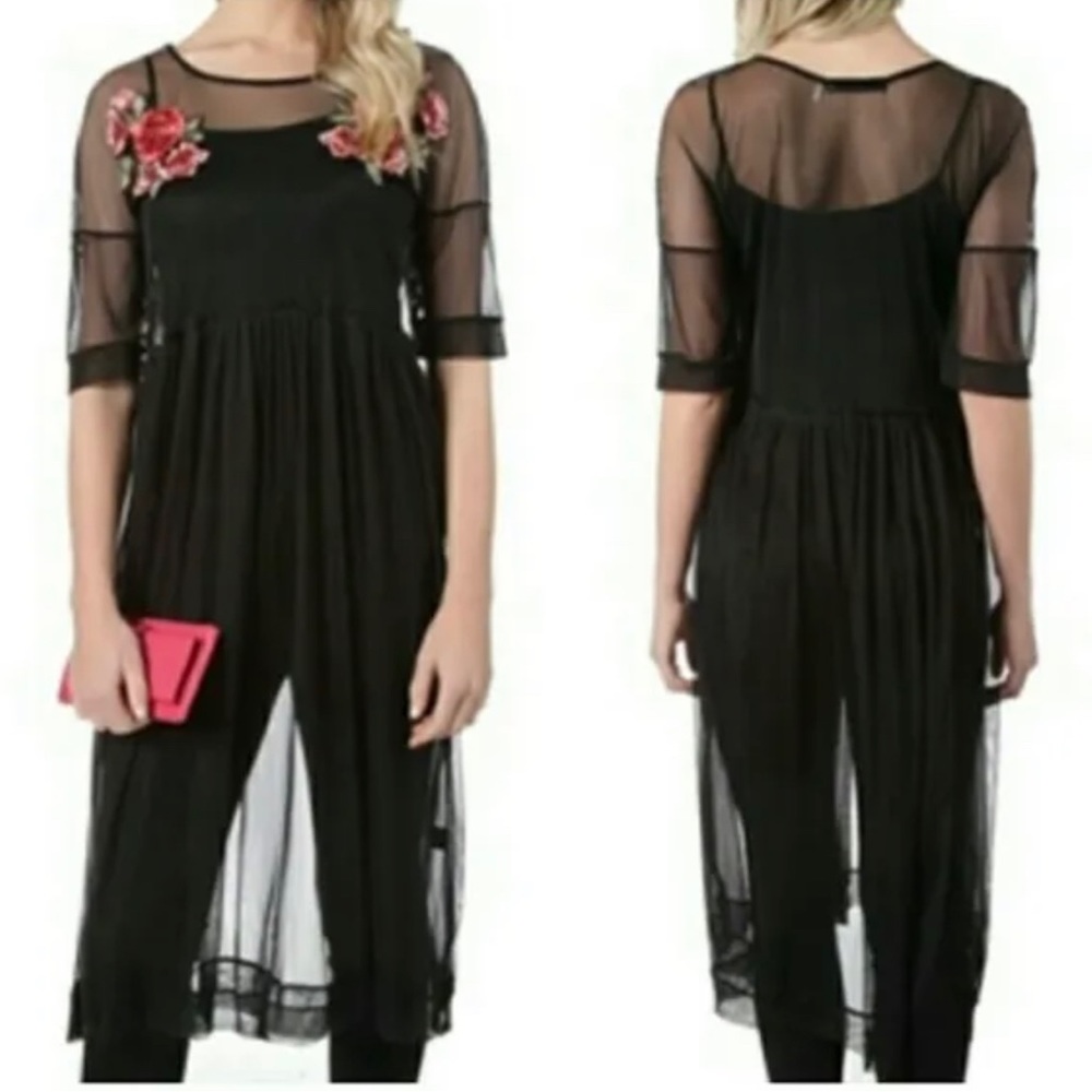 Potters Pot Sheer Rose Applique Overlay Black Dress L